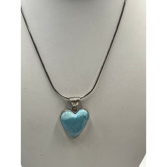 Sterling Silver 925 Caribbean Blue Heart Larimar Pendant and snake chain 15" - Picture 3 of 9